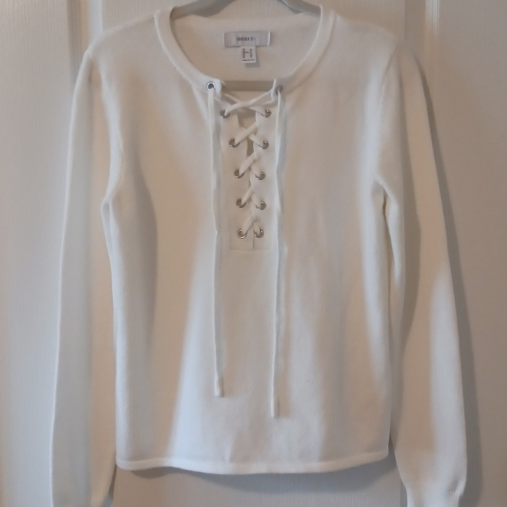 Forever 21 Crew Neck Lace-Up Neckline Sweater White Size 0X